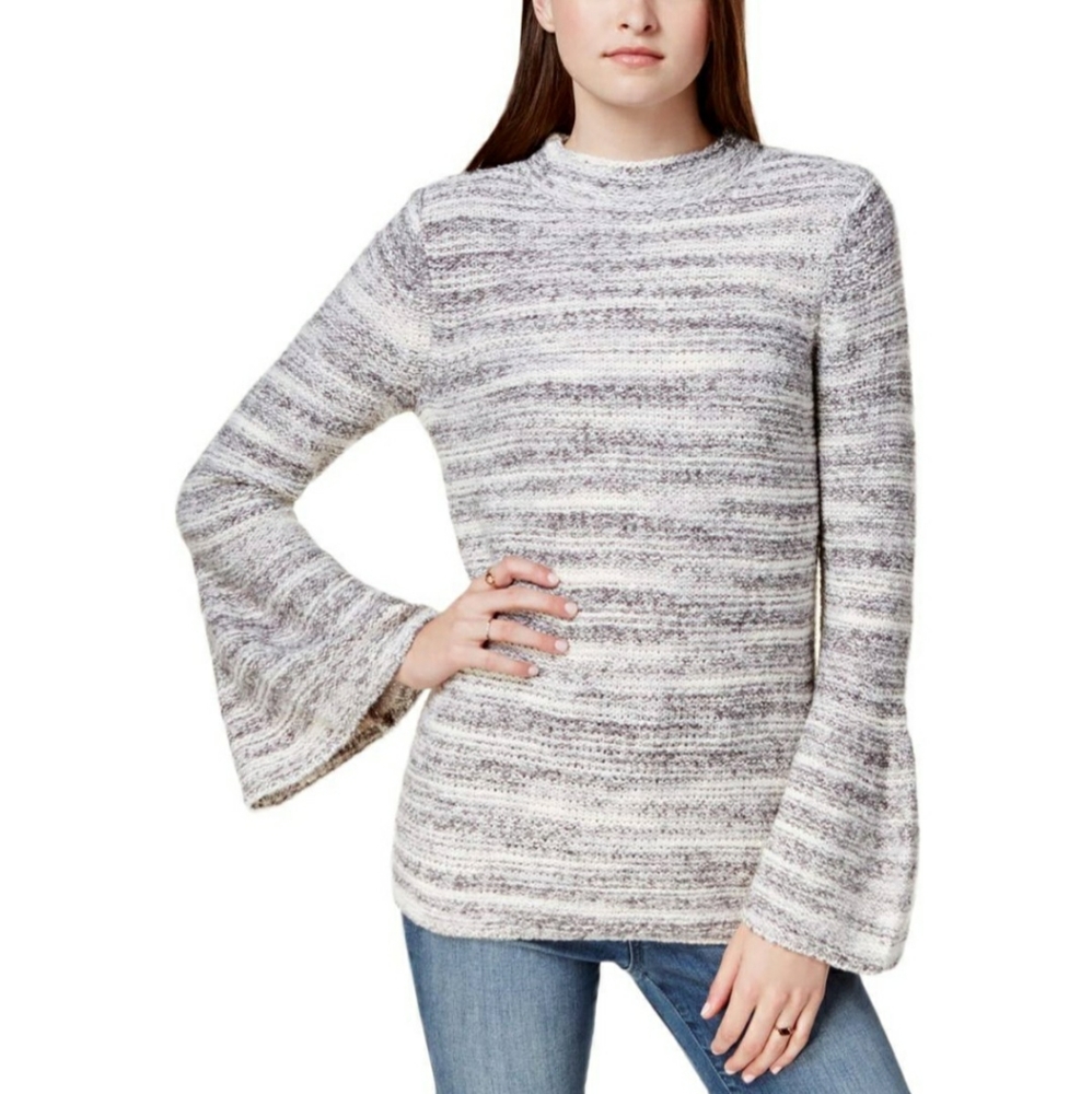Kensie Sweater XS Gray Striped Fitted Bell Sleeve Grey Mock Neck New